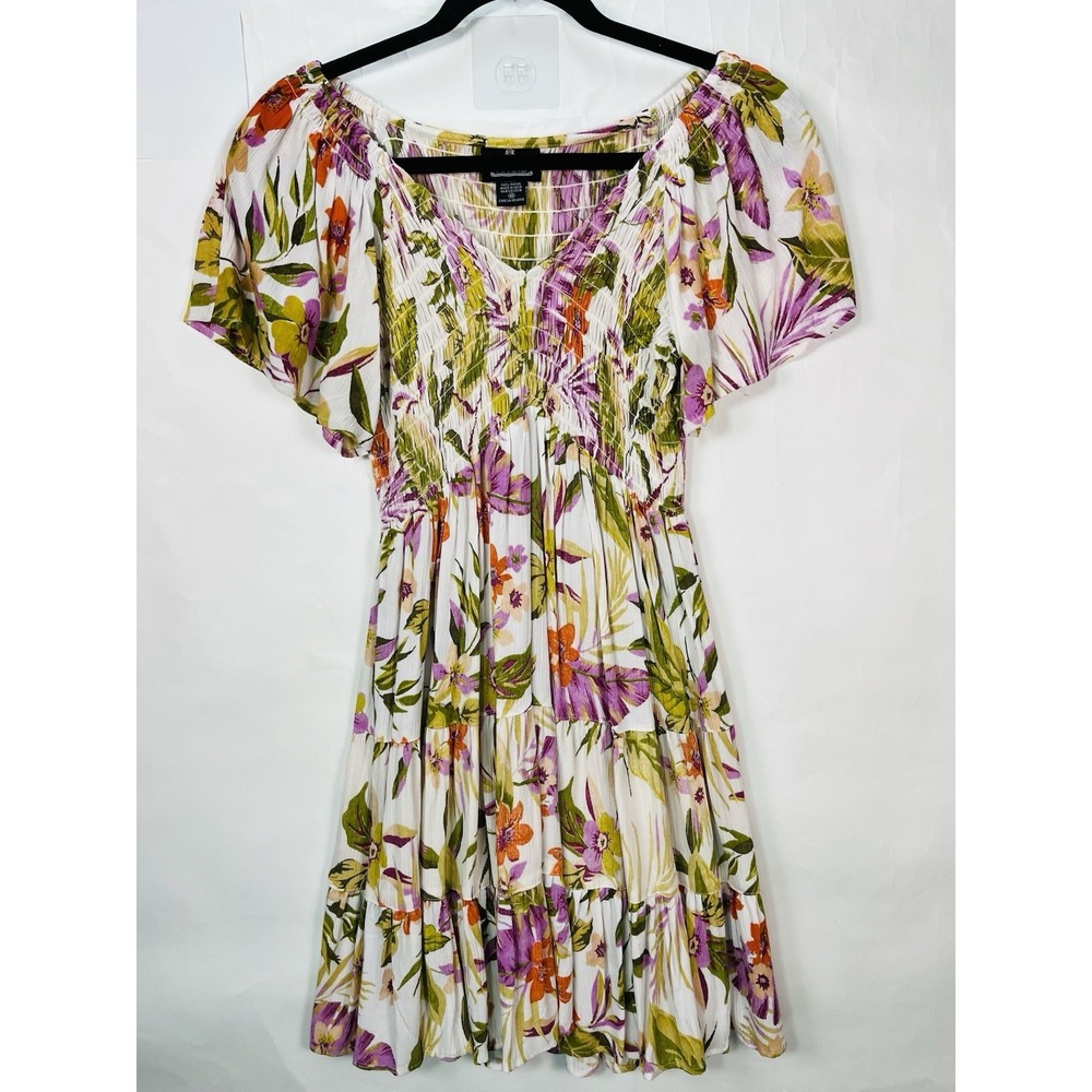 Angie Women's Floral Smocked Flutter Sleeve Mini Dress Rayon Sz M Spring Summer